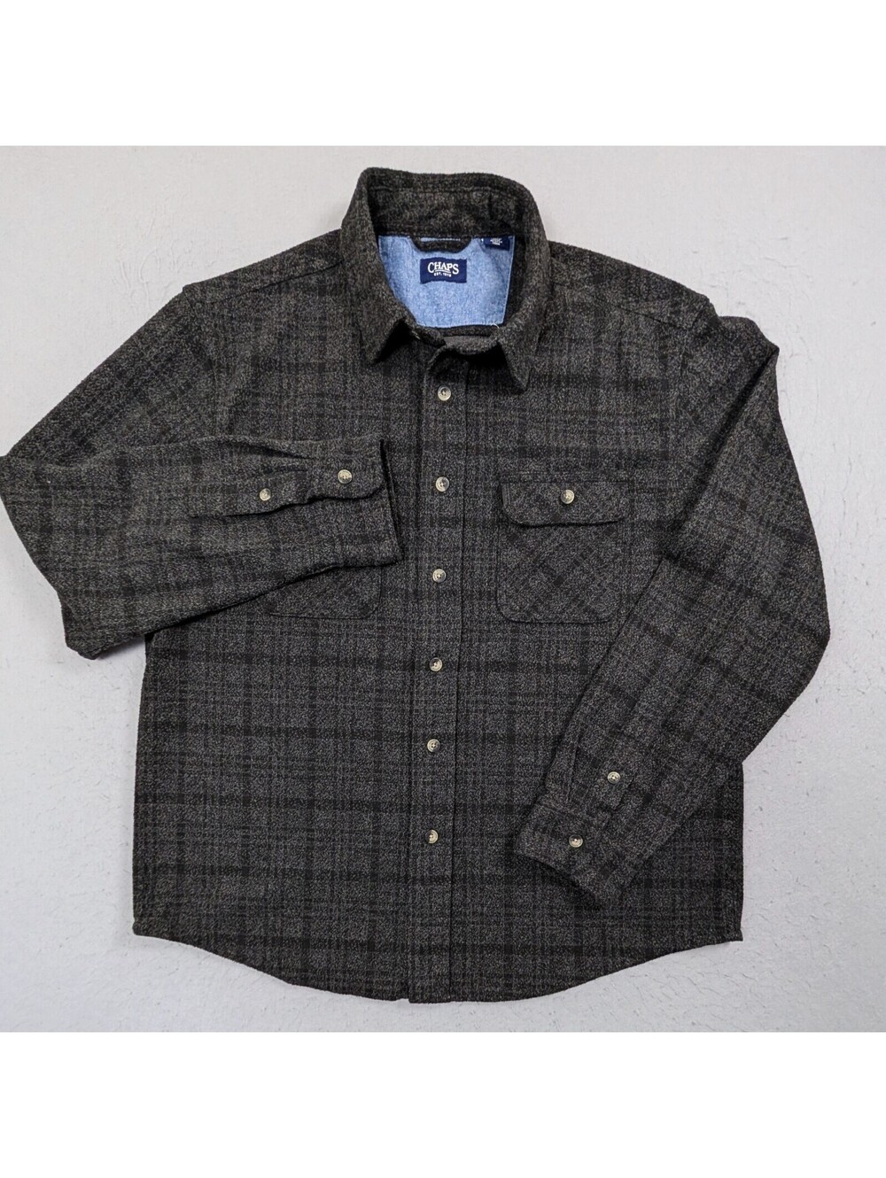 Chaps Men’s Large Gray Black Plaid Heavyweight Knit Flannel Shirt Stretch